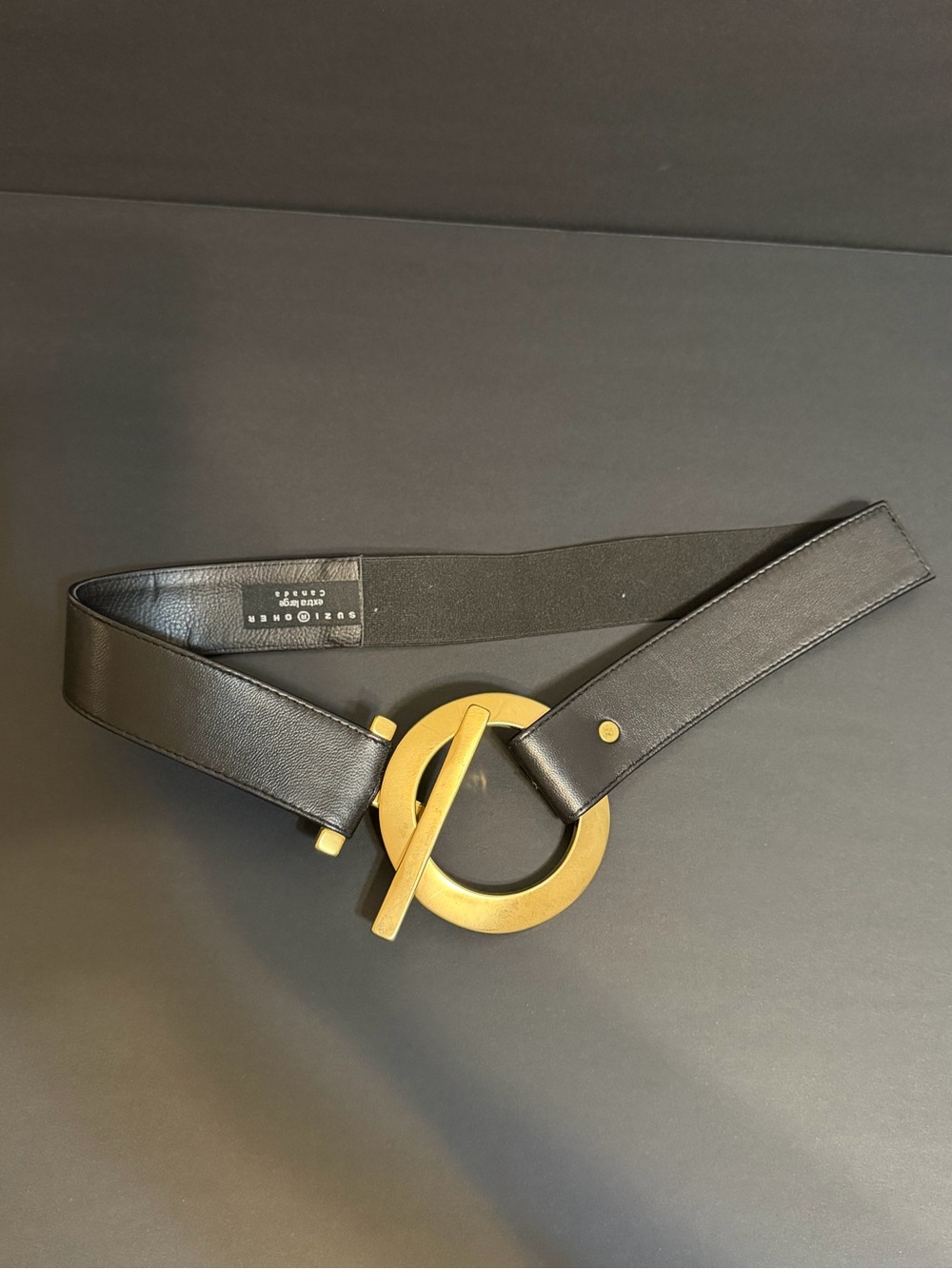 VINTAGE Suzi Roher Women's Black Wide Waist Belt Adjustable Gold Tone Buckle XL